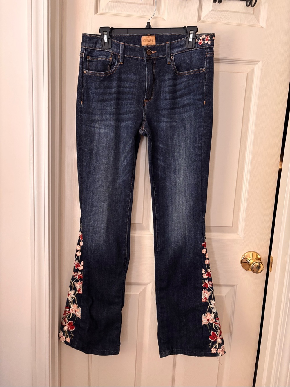 DRIFTWOOD Dark Wash Flare Jeans with Red & Cream Floral Embroidery